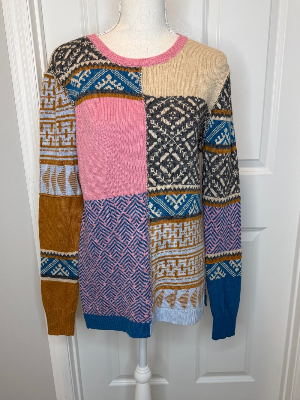Sundance Pink Cream Grey Patchwork Geometric Long Sweater Medium Wool Alpaca